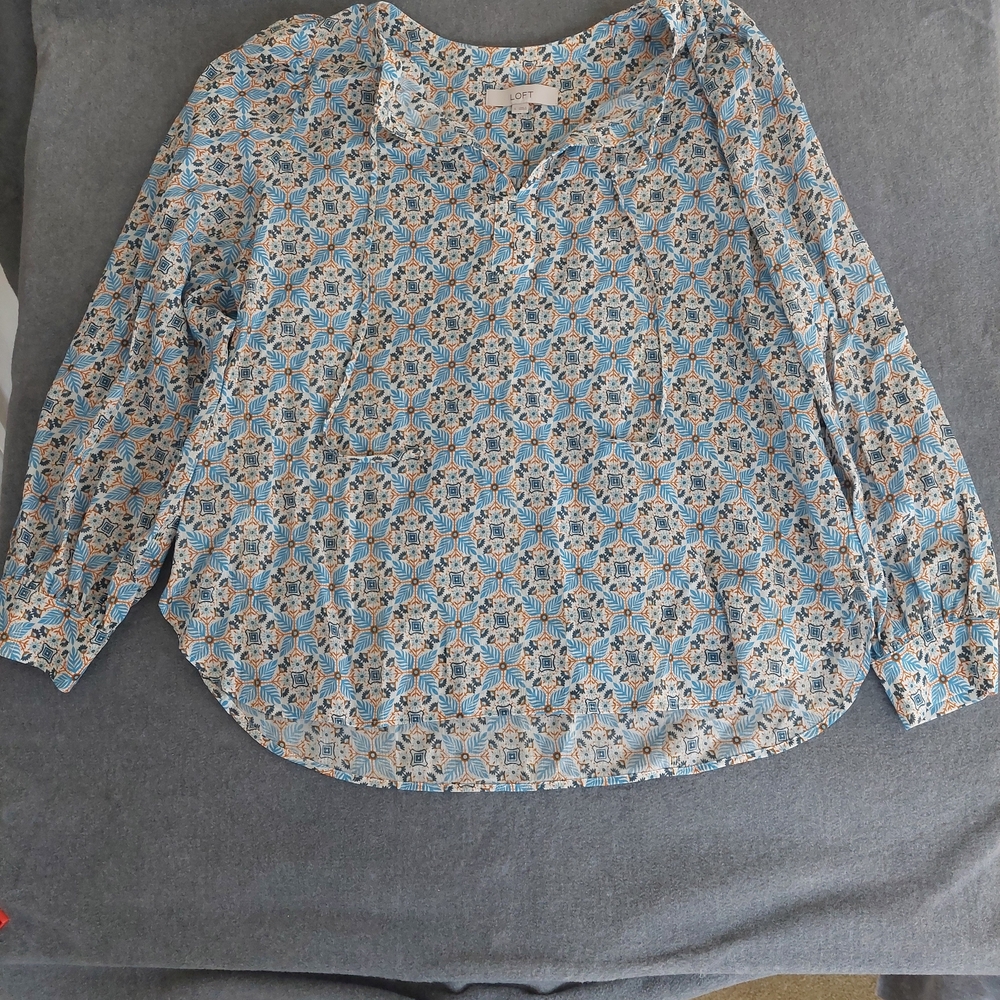 LOFT Blue & Orange Boho Floral Blouse Gold Metallic Pinstripe Large
